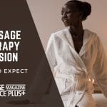 Freatured image for blog What Can I Expect From My First Massage Therapy Session? Women in robe sitting on a massage table wondering what her first massage session is going to be like