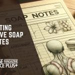 An open spiral notebook displaying the title "SOAP NOTES" with sections marked as Subjective, Objective, Assessment, and Plan, alongside massage therapy related illustrations a human muscular anatomy, a flower, stacked stones, and essential oil bottles, indicating a guide for writing effective SOAP notes massage therapy as a featured blog image.