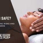Image showing a Reiki practitioner's hands gently placed on the head of a relaxed recipient, with the text 'IS REIKI SAFE? Energy Healing Risks and Rewards' by Massage Magazine Insurance Plus, questioning the safety of Reiki treatment.