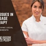 Featured image for a blog post showing a confident massage therapist with the text 'Legal Issues in Massage Therapy' and 'Understanding Legal Requirements' highlighted, indicating an informative guide on the legal aspects of the profession.