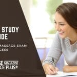 An image featuring a smiling young woman studying, writing notes in a bright room, with the left side displaying text "MBLEX STUDY GUIDE - YOUR KEY TO MASSAGE EXAM SUCCESS" next to the "MASSAGE MAGAZINE INSURANCE PLUS+" logo.