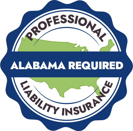 Image of a blue and green badge with a map of USA. Text reads: "ALABAMA REQUIRES PROFESSIONAL MASSAGE LIABILITY INSURANCE"