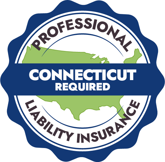 Image of a blue and green badge with a map of USA. Text reads: "CONNECTICUT REQUIRES PROFESSIONAL MASSAGE LIABILITY INSURANCE"