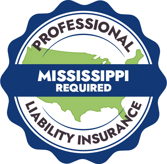 Image of a blue and green badge with a map of USA. Text reads: "MISSISSIPPI REQUIRES PROFESSIONAL MASSAGE LIABILITY INSURANCE"