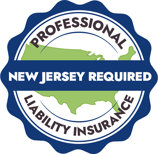 Image of a blue and green badge with a map of USA. Text reads: "NEW JERSEY REQUIRES PROFESSIONAL MASSAGE LIABILITY INSURANCE"