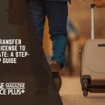 Close-up of a person pulling a wheeled suitcase, representing travel or relocation, with the title 'How to Transfer Massage License to Another State: A Step-by-Step Guide' displayed on the left. The Massage Magazine Insurance Plus+ logo is visible below, emphasizing guidance for massage professionals moving across state lines.